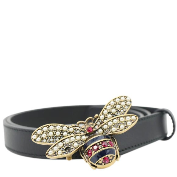GucciQueen Margaret Bee Leather Belt Black 476452 Size 80/32